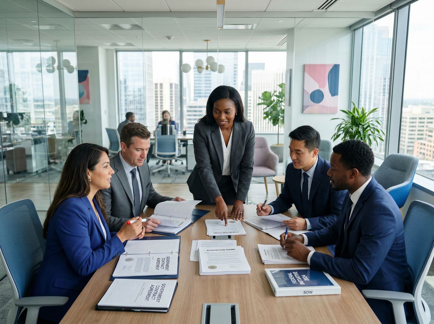 Business professionals reviewing contracts